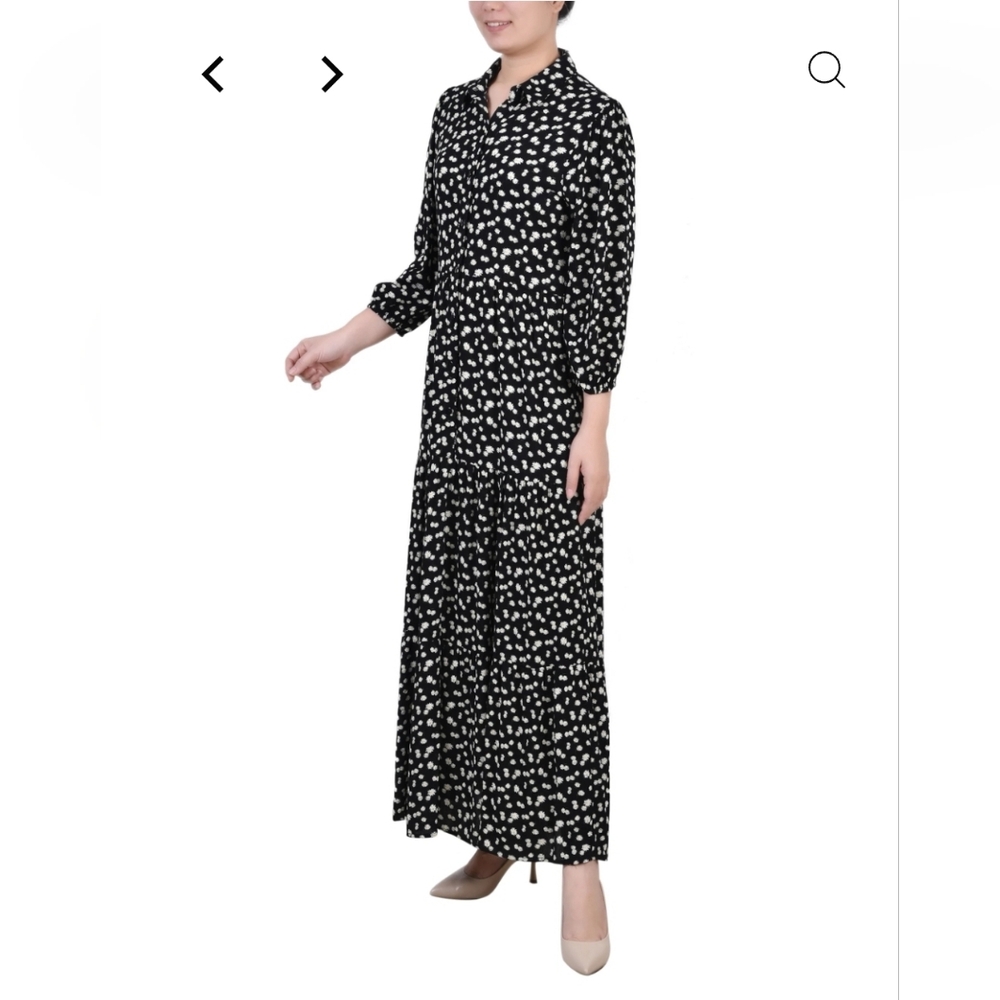 NWT NY Collection Chic Black and White Floral Daisy Long Sleeve Maxi Dress Sz L